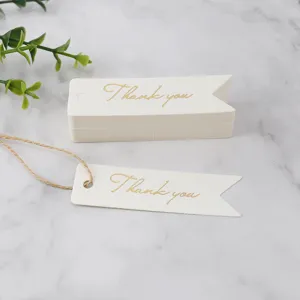 100pcs white swallowtail paper gift tags with jute twine and gold foil thank you print.