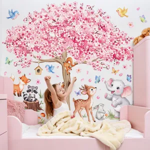 Cute cartoon animal tree wall stickers, pink floral butterfly decals for kids bedroom decor.