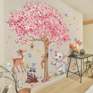 Cartoon animal wall sticker with cherry blossom tree, deer, elephant and fox for kids bedroom decor.
