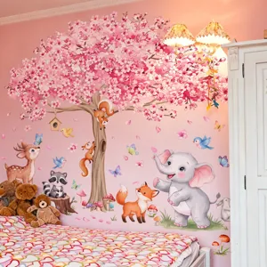 Detailed view of cute cartoon animal and cherry blossom wall sticker, perfect for kids room decor.
