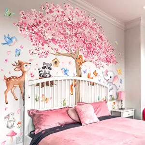 Cute pink cherry blossom tree wall sticker with animals for kids bedroom decor and nursery room.
