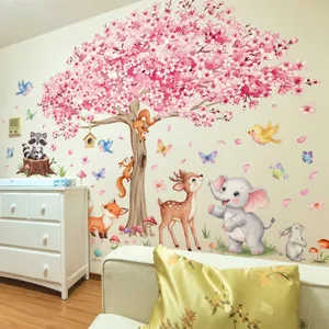 Cartoon animal tree wall sticker scene detail, perfect for children room interior decor.