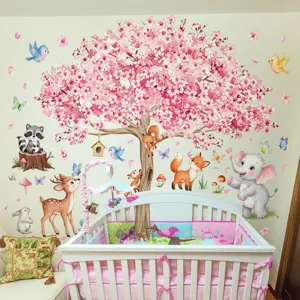 Cartoon animal and cherry blossom tree wall sticker detail showing cute nursery decor