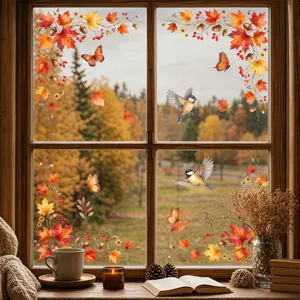 Fall maple leaf window stickers, autumn butterfly static glass decals for home living room decor.