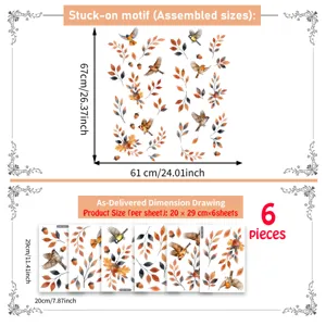 Autumn leaf bird window sticker detail showing assembled size and 6 sheets delivery layout.