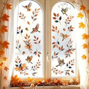 Watercolor Autumn Leaves Pinecones Window Clings Static Glass Stickers Hand Painted Bird Decals For Home Living Room Decoration