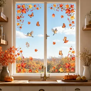 Autumn Fall Flower Butterfly Window Stickers Static Cling PVC Hand-Painted Style Home Living Room Bedroom Glass Decor Decals