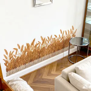 Wheat stalks white fence wall sticker detail, self-adhesive botanical border for home decor living room.