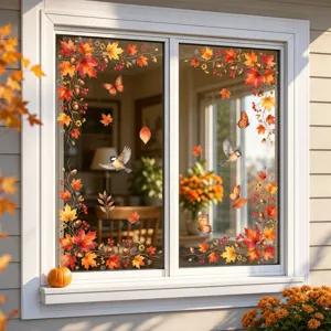 Autumn window sticker featuring fall leaves and butterflies for home glass decoration detail.