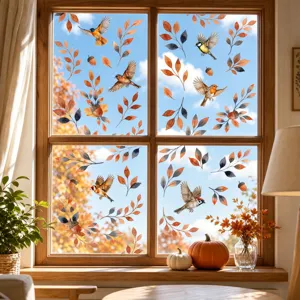 Autumn leaves and flying birds window stickers for home decor, static glass decals.