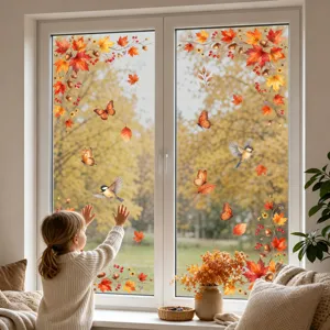 Autumn window stickers featuring hand-drawn maple leaves and cute birds for cozy seasonal home decor.