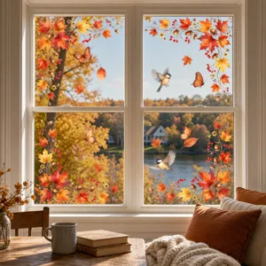 Autumn window stickers featuring watercolor maple leaves and butterflies for home glass decor.