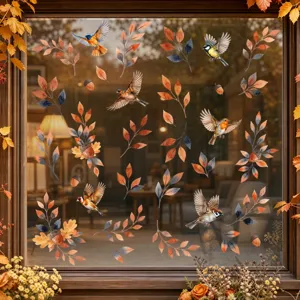 Water-resistant autumn leaves and flying birds window stickers, perfect for seasonal home decor.