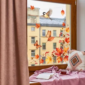 Autumn window sticker featuring watercolor maple leaves, birds, and butterflies for home decor.