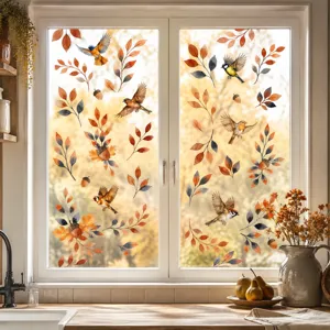 Autumn watercolor leaves and birds static window stickers for home living room glass decor.