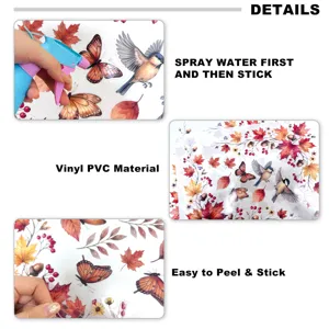 Detailed view of autumn floral and butterfly static window stickers, vinyl PVC material quality.