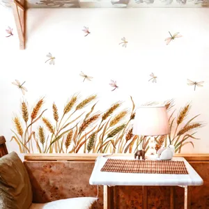 Watercolor wheat and dragonfly wall sticker detail shot, perfect for bedroom living room home decor.