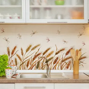 Detailed kitchen wall sticker featuring watercolor wheat ears and dragonfly design, self-adhesive.