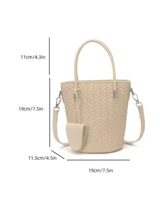 Chic borsa a secchiello intrecciata con manico e tracolla regolabile, elegante borsa.