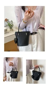 Borsa a secchiello intrecciata nera, elegante borsa in pelle da donna, borsa casual