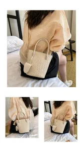 Borsa a secchiello intrecciata da donna elegante casual a tracolla spalla beige moda quotidiana