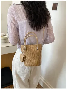 Borsa a secchiello intrecciata chic con manico superiore e tracolla, borsa casual elegante.