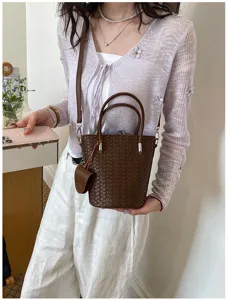 Borsa a secchiello intrecciata stile coreano donna marrone in pelle PU borsa a tracolla
