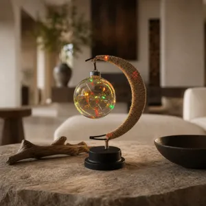 Detailed view of the LED rope moon decorative night light with colorful string lights.