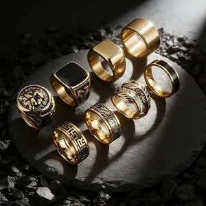 Set di anelli in acciaio inossidabile da uomo stile punk vintage leone dettaglio