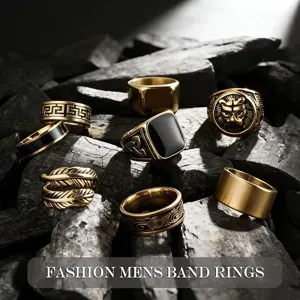 Set anelli uomo acciaio inossidabile vintage punk leone piuma fascia gioielli dettaglio
