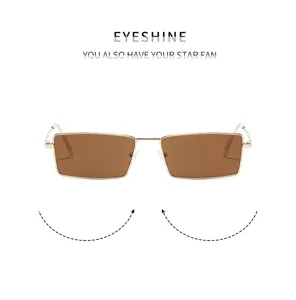 Detail view of retro metal small frame square sunglasses with brown lenses for outdoor use.