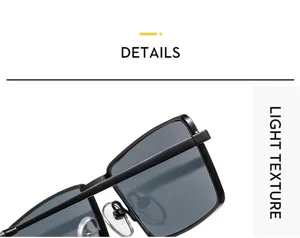 Metal frame square sunglasses detail shot, lightweight luxury retro design for outdoor wear.