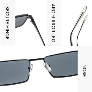 Metal sunglasses detail showcasing secure hinge, arc mirror leg and comfortable nose pads.