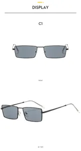 Detail view of retro square metal sunglasses with grey lenses, showing front and side angles.