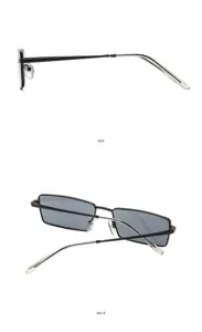 Metal small frame square retro sunglasses detail view showing side and temple structure.