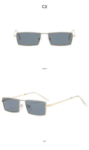 Retro square metal sunglasses for women men, vintage narrow frame fashion sun eyewear.