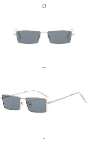 Retro narrow rectangular metal sunglasses for women and men, stylish UV protection eyewear.