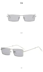 Detail view of retro metal narrow square sunglasses featuring silver frames and sleek grey lenses.