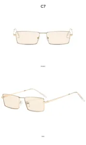 Retro slim metal square sunglasses for women men, vintage gold frame clear tint sun glasses.