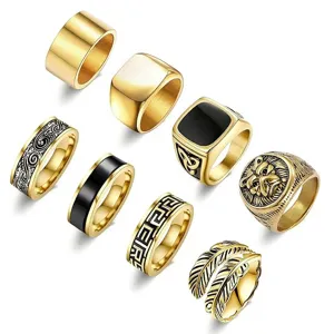 Set di Anelli in Acciaio Inossidabile Punk Retrò da Uomo con Testa di Leone Piuma Greca Anelli Lucidati per Uomo Unisex