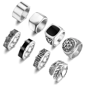 Set di anelli in acciaio inossidabile da uomo stile punk leone piuma gioielli