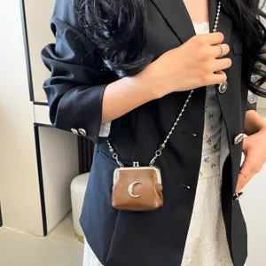 Mini brown kiss lock shoulder bag with silver crescent moon chain cross body coin purse