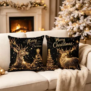 Χριστουγεννιάτικη μαξιλαροθήκη μαύρη χρυσή με ελάφι, τετραγωνική θήκη μαξιλαριού σπιτιού.