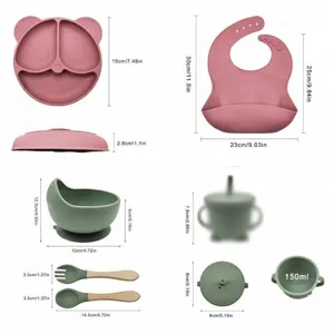 Maattabel van siliconen babyvoedingsset met afmetingen van bord, slabbetje, kom, bekers en lepel.