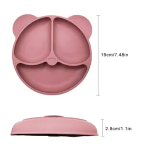 Siliconen kinderbord met berenvorm en zuignap voor babyvoeding, peuter servies, 19cm roze.