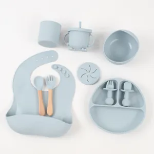 Silikon Baby Fütterung Set Detailansicht, Teller Schale Tasse Löffel Gabel, sicher