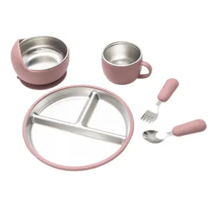 Detailed view of stainless steel toddler tableware set featuring compartment plate, bowl, cup.