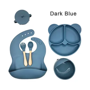 Siliconen baby eetset 6-delig zuignap bord kom slabber lepel vork donkerblauw