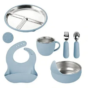 Stainless steel baby feeding set details, silicone suction bowl, divided plate, fork, spoon, bib.