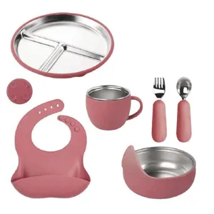 Stainless steel baby feeding set with silicone plate bowl cup bib spoon fork pink